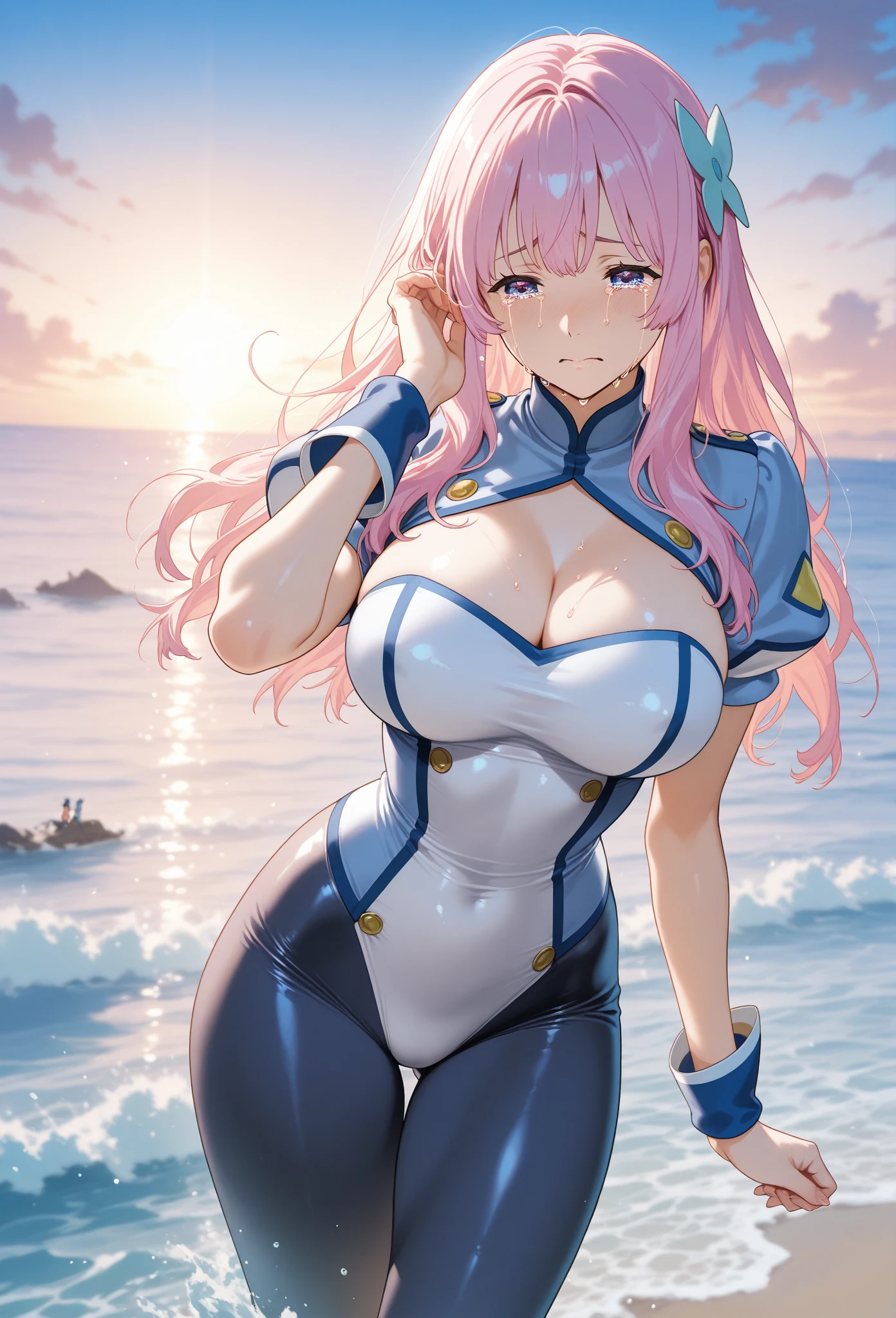 busty bimbo with long bubblegum pink hair, thick hips, D. Va