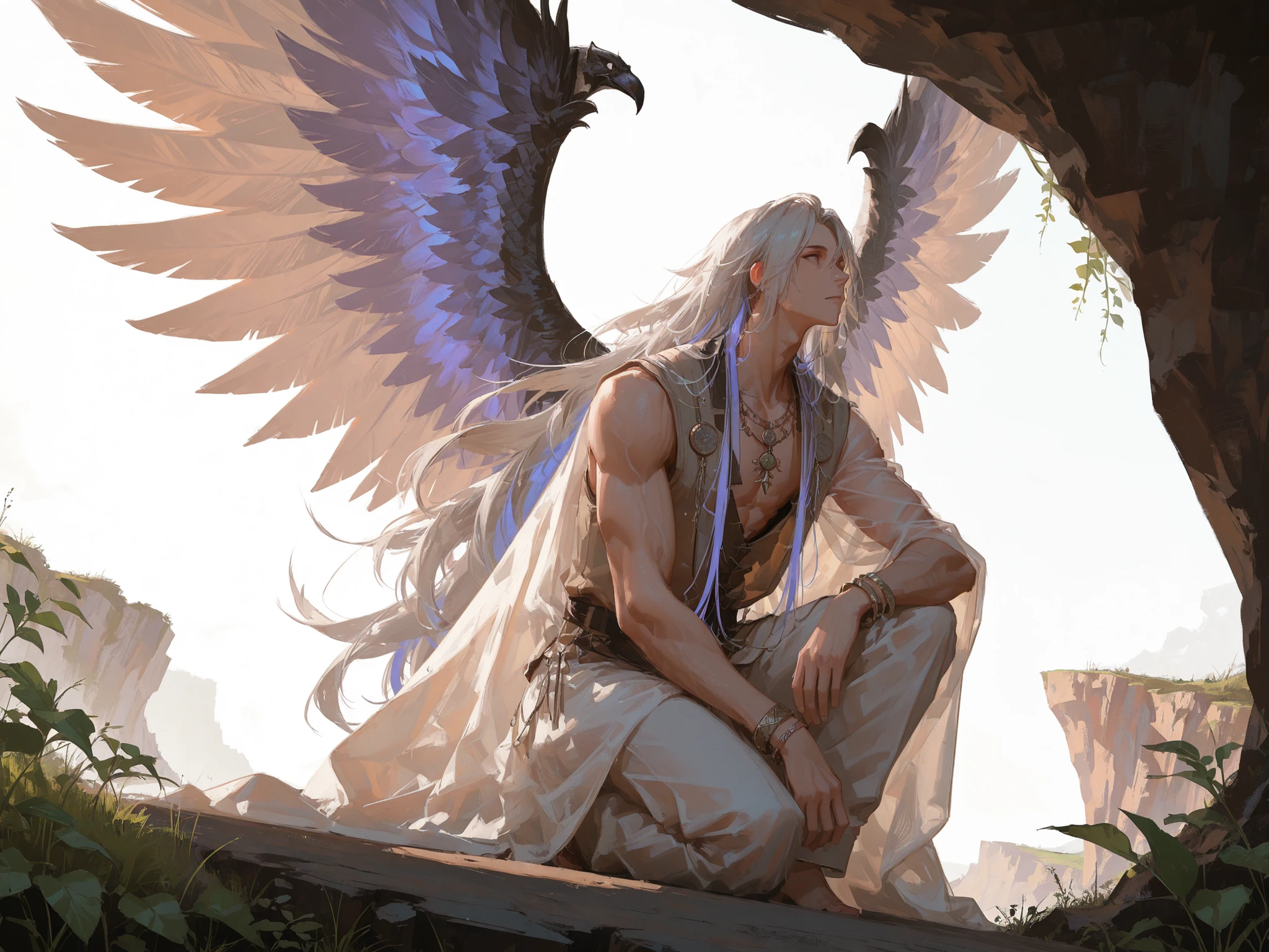 medium shot, dutch angle, makes an aesthetic, Master piece, Best Quality, ultra detailed, a handsome man, (man:1.6), solo, male very long Hair, male glowing violet hair, looking side, beautiful grey eyes, toned, male white naked vest, 3 necklaces, 3 bracelet, white pants, one knee, see-through light violet cloak, violet eagle wings, cliff, greenery, morning, fantasy world,