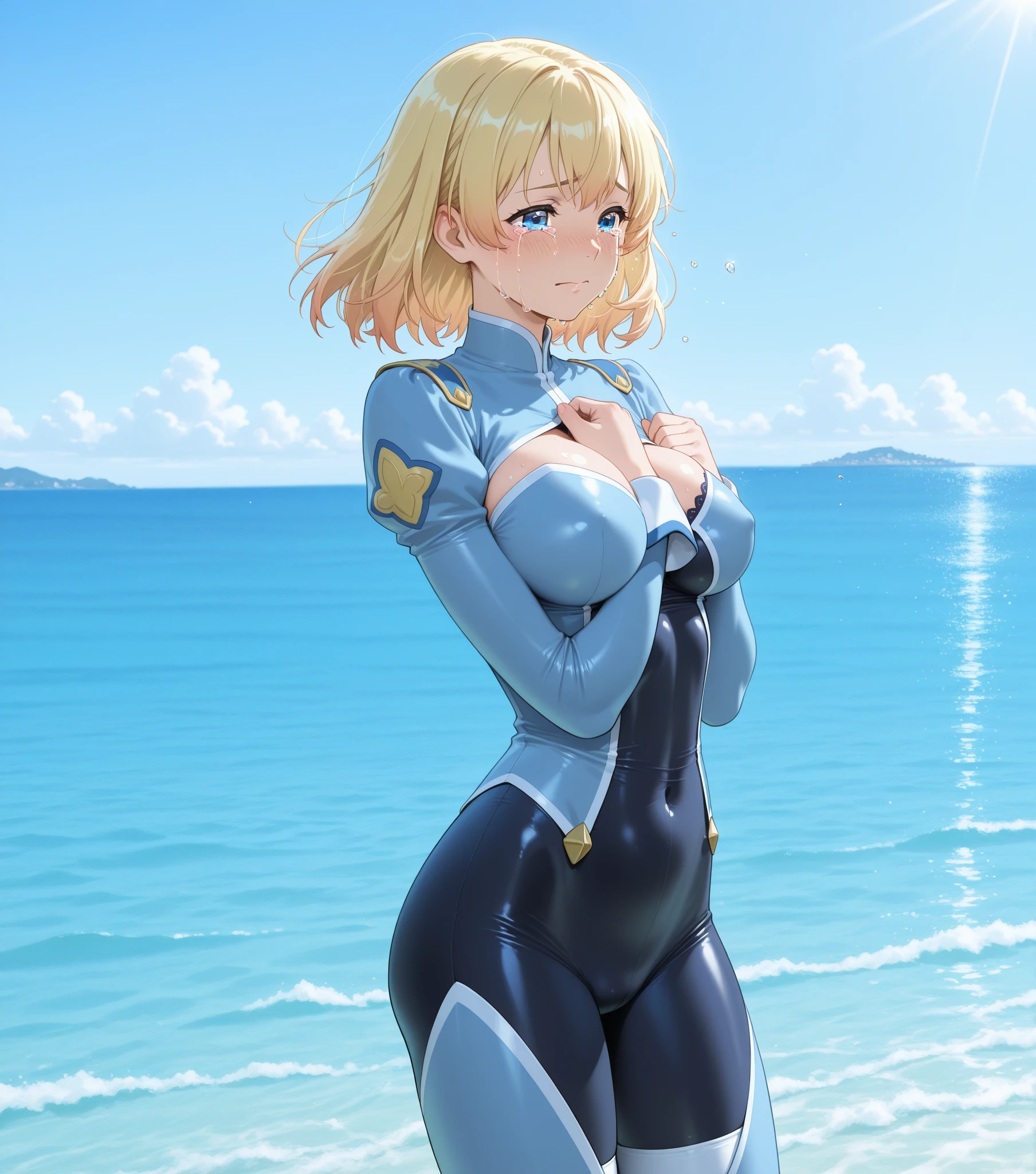 Photo of beautiful jpn-gyaru, masterpiece, 1 girl,
(8 years old:1.4), Cyborg girl with blonde bob hair and blue eyes and dark skin, (blonde bob hair: 1.2), big breasts, smile, (mechanical bunny ears headband: 1.2), headphones,white highleg leotard, camel-toe, enamel sleeve, (crescent moon sunset:1.3), bayside, shore, cowboy shot,