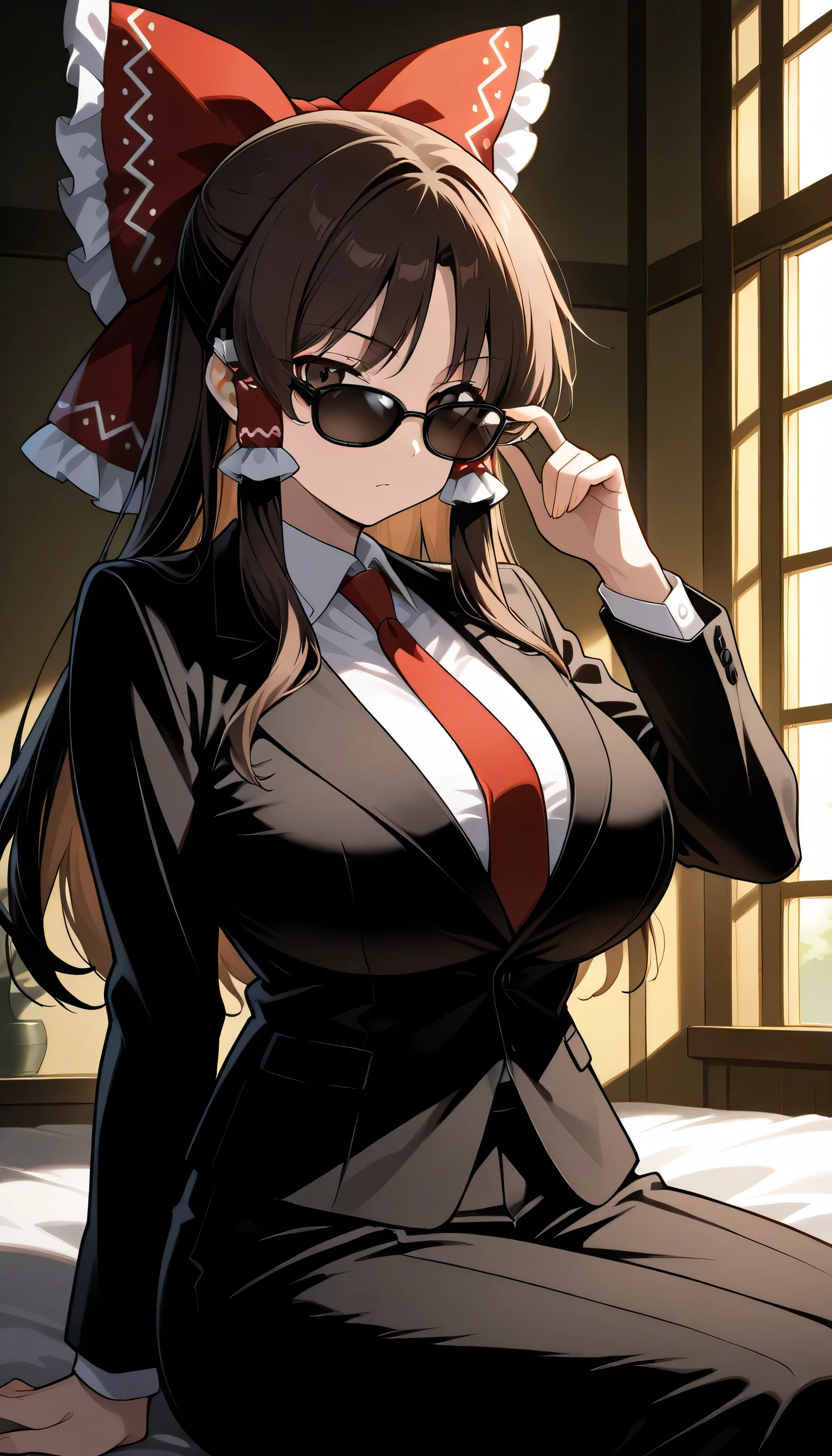 Give your images flat even illumination (negative) or dramatic chiaroscuro lighting (positive), 1girls, huge breasts, solo, , sitting, looking_at_viewer, indoors, , window, solo, , sunglasses, suit, formal, necktie, , adjusting_eyewear, long_sleeves,hakurei reimu, 1girl, solo, brown eyes, brown hair, long hair, sidelocks, small breasts,
hair bow, hair tubes,