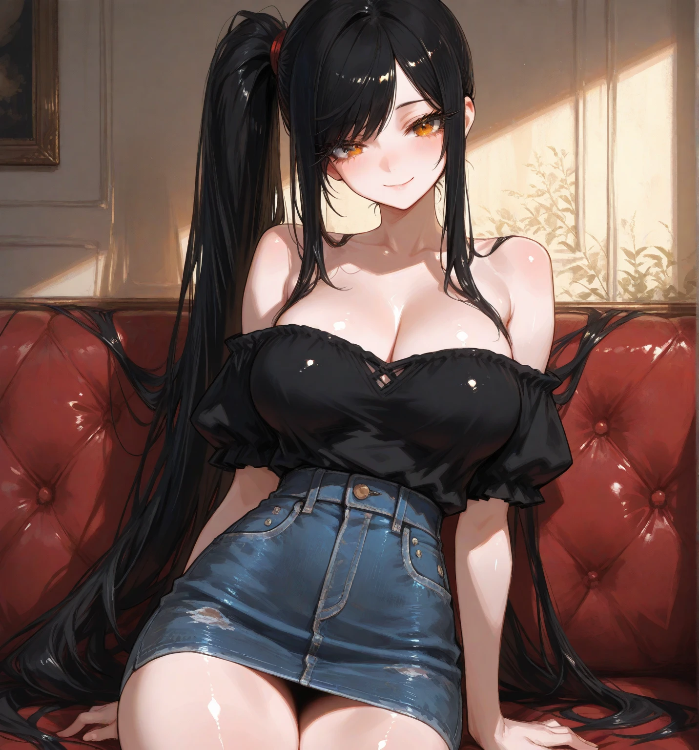 10 year old female、low length、Bust size: K cup、Completely naked、Seduce with a provocative look、Long Hair、Side up arrangement、Leg spread、