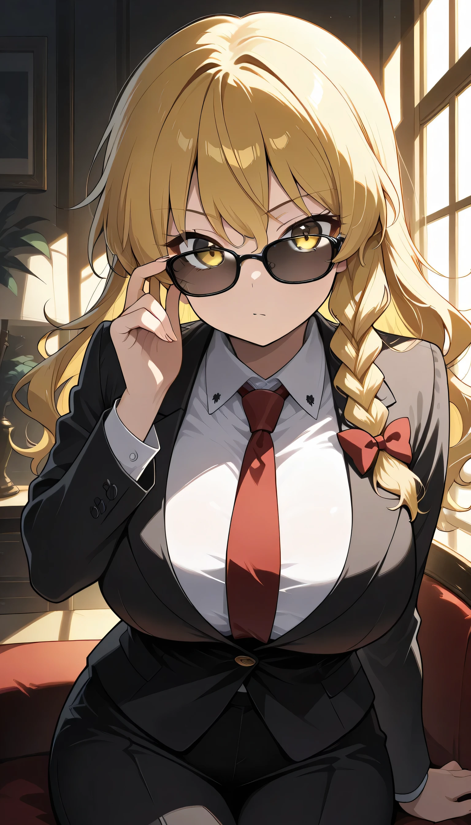 Give your images flat even illumination (negative) or dramatic chiaroscuro lighting (positive), 1girls, huge breasts solo, , sitting, looking_at_viewer, indoors, , window, solo, , sunglasses, suit, formal, necktie, , adjusting_eyewear, long_sleeves,kirisame marisa, 1girl, solo, blonde hair, yellow eyes, single braid,