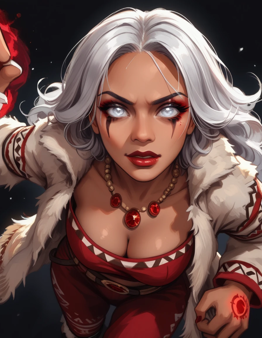 ((masterpiece)),(((best quality))), (white skin:1.4), ((mother Gothel)), (long red dress), (red cape:1.5), (gigantic breasts), ((detailed face:1.1)), clean line art, detailed rendering , red and black color palette, clean colored details, (simple background, light background: 1.3)