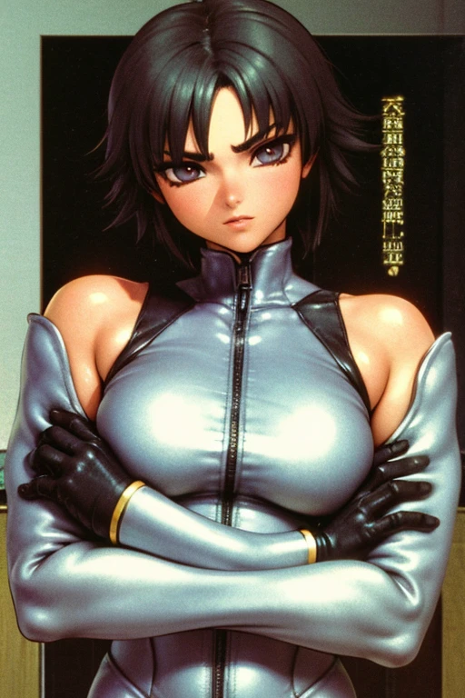 1girl, solo, looking at viewer, (upper body:1.2), breast focus, dark brown eyes, dark brown hair, bare shoulders, sleeveless, crop top, battle suit, science fiction, retro artstyle, 1980s (style), operator, (big breasts:1.2), erect nipples, smile,