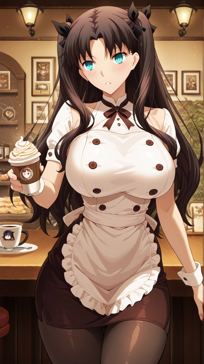 1girl, solo, hair ornament, (naked:1.3), (white apron), large breasts, cleavage, thighs, cafe background, (blushing:1.3), naga, brown hair, ponytail, golden eyes, dark skin, gal, naga, lewd, smirk