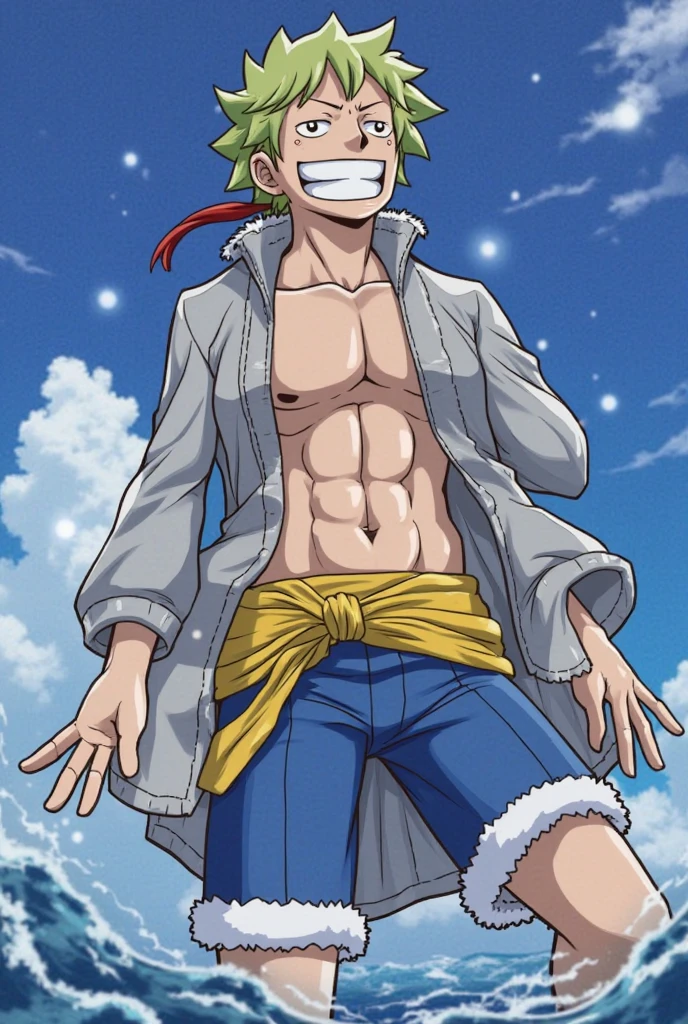 Create an anime-style character inspired by One Piece. The character is a 1 human named Tempest D. Gray, a young adventurer with short, spiky dark brown hair that seems to move with the wind and vivid green eyes that sparkle with curiosity and a sense of freedom. He stands at 1.79 meters tall and has a lean, athletic build, perfectly suited for a life of exploration and combat. His outfit is practical yet stylish, consisting of a black sleeveless vest, white tattered shorts, and a flowing green scarf that dances in the breeze, symbolizing his connection to the wind. A simple brown bracelet adorns his right arm, hinting at a deeper, perhaps forgotten, part of his past.
The scene is set on the vast open sea, with Tempest D. Gray standing confidently on the deck of a small, modest sailboat. The boat is simple, with well-worn sails and a wooden hull that creaks with the gentle sway of the ocean, serving as a backdrop that emphasizes his humble beginnings. Around him, the wind is alive, swirling in greenish-blue hues that visibly twist and curl around his body and fists, ready to be unleashed in a powerful gust. His expression is light and carefree, a wide smile gracing his face as he embraces the freedom of the open sea, unconcerned by the memories he cannot recall.
The overall atmosphere should capture the serenity and vastness of the ocean, with the wind playing a central role in the scene, reflecting both the calm and the latent power of the young adventurer. The image should evoke a sense of adventure and boundless potential, with Tempest D. Gray at the center, embodying the spirit of the wind itself.