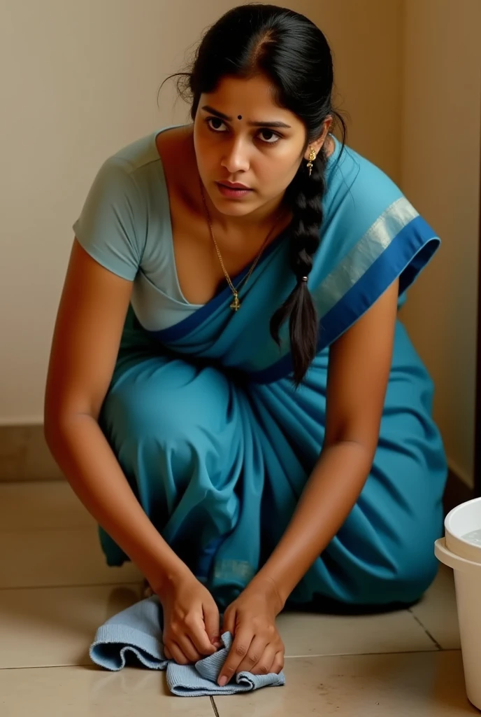 Forest, day scene , top view, A radiant, South Indian 35 year old aunty a gray chiffon skirt and shirt, sitting the floor on her knees a man standing next to her, captured in a full-body image with vibrant hues and meticulous details. Full body image