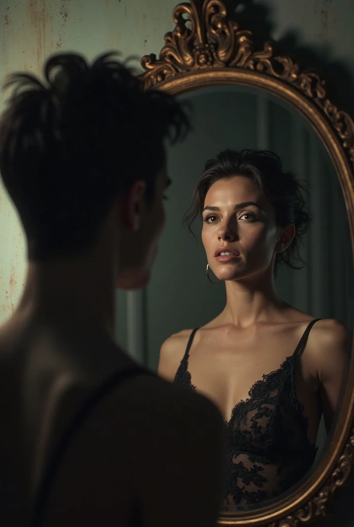 Masterpiece, photorealistic, 1930's Journalism photography, medium shot of a woman wearing black lingerie, looking at herself in the make up mirror, she is reflecting in the mirror, in the backstage of Can Can club