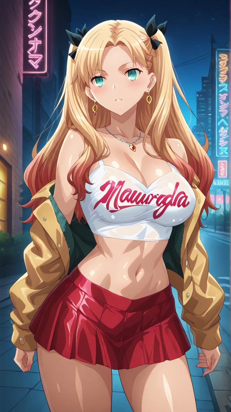 Beautiful anime girl, solo, 1girl, looking at viewer, cute,beautiful, red eyes, open hair, blonde hair, long hair, bangs, wearing a strawhat, Monkey D luffy's strawhat, one piece, smiling, smooth skin, light skin, red lips, golden earings, anime, best quality, masterpiece, extremely detailed, 4k, red eyes, beautiful red eyes, detailed face, detailed eyes, red prom dress, blue jeans, golden necklace