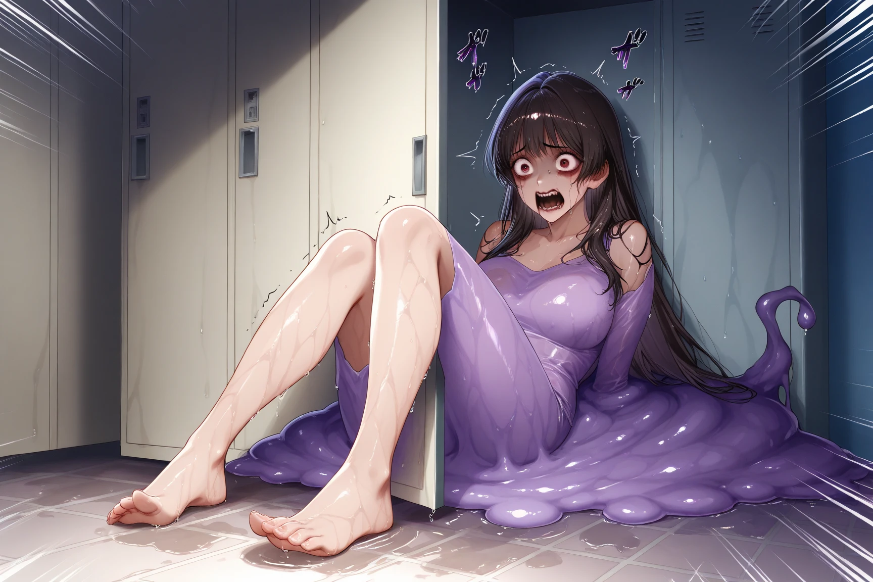 artwork, Attention to details, beautiful girl (Fern), small breasts, by the long intense address, and intense purple eyes, white collared shirt, serious face blushing, bare legs, black panties, whole body, barefoot, trapped inside a transparent glass jar, waxed inside, inside the jar, whole body en el frasco, sentada inside the jar, barefoot, trapped in the jar. She and the bottle stained with milk