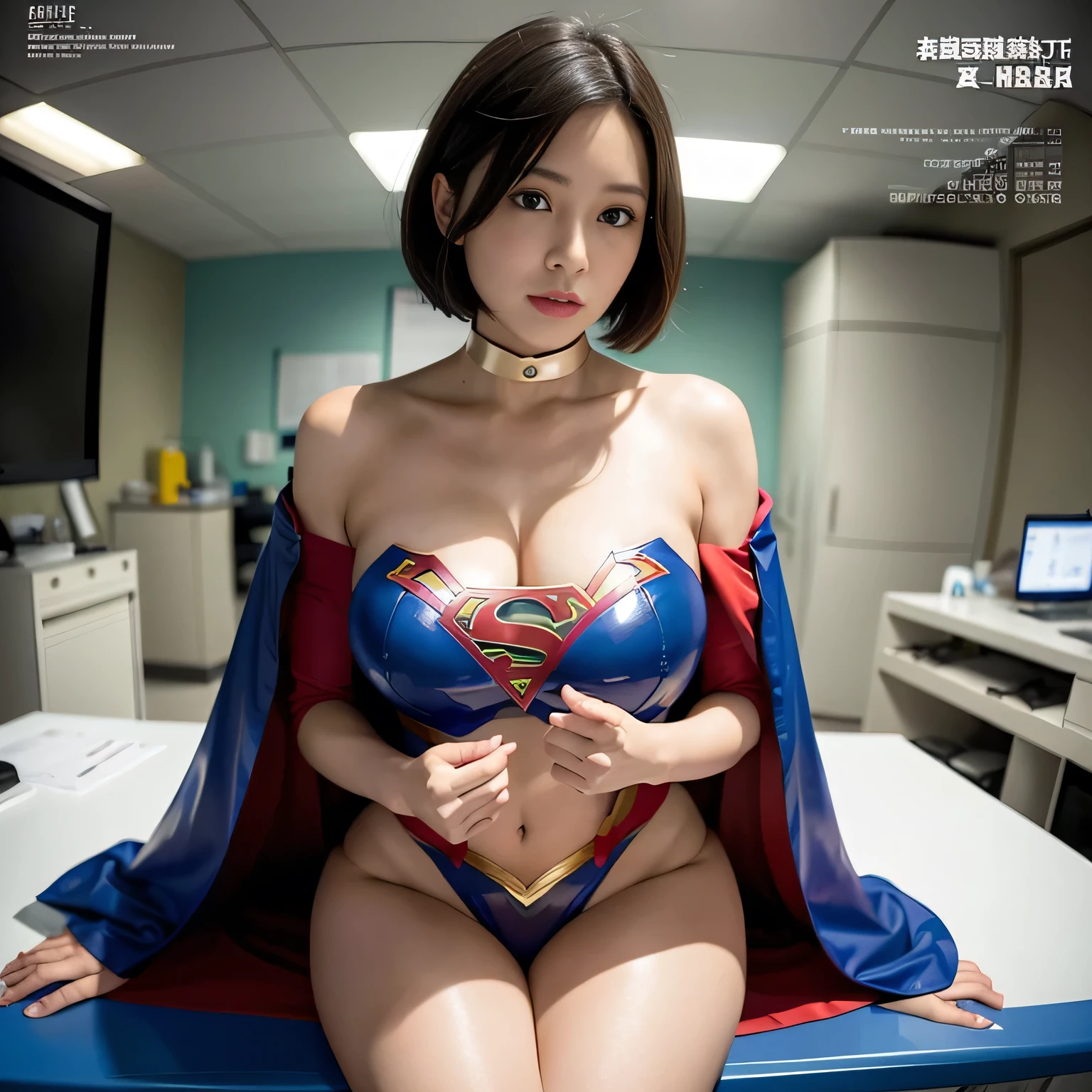 masterpiece、supergirl costume、short hair、barefoot、big and full breasts、test subject、Laboratory、handcuffs、Crisis situation、straddle、sweaty、shiny、long sleeve、look at the camera、sense of abuse、Estrus、choker、Weekly magazine cover、red mini skirt、humiliating、seductive pose、humiliating、Glamorous、off shoulder、model body shape、Oily Skin、charm、charming、abused、