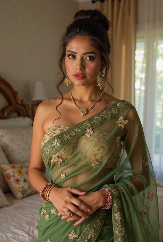 Portrait of A confident-looking white rea chakraborty , actress rea chakraborty, white woman with bun of long and thick brown hair tied behind and covered with flowers, hazel eyes, wearing a traditional green saree, medium cleavage, wearing lots of jewellery, smile on face, lusty look, standing in bedroom, perfect composition, hyperrealistic, super detailed, 8k, high quality, trending art, trending on artstation, sharp focus, studio photo, intricate details, highly detailed, art by greg rutkowski