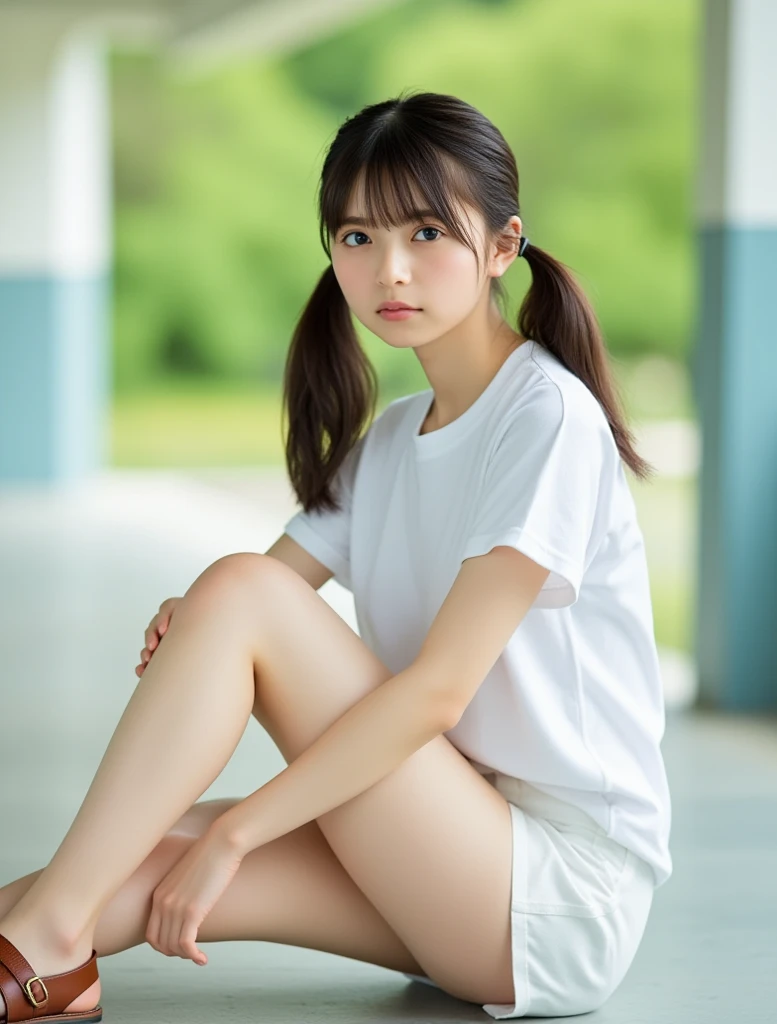Best image quality, masterpiece, Ultra-high resolution, (Faithfulness:1.4), photograph, high school girl、 Torn uniform, White sneakers, dim, darkness, despair, disappointing, poor, movie, tears, tears滴, Exposing shoulders, Real Rain, Wet Hair,..smile、Transparent skin