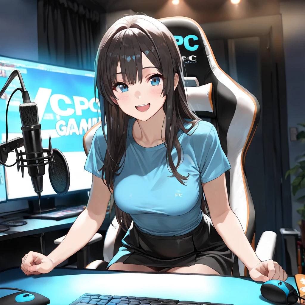 a woman is sitting in a gaming chair, with a gaming room in the background then she is wearing e-sports clothes, with a finger-biting pose with a seductive face