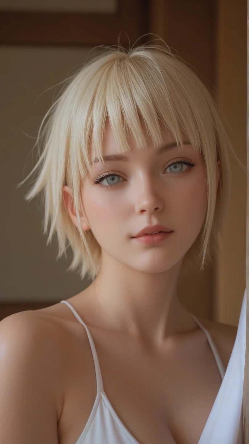 One girl White garden Completely naked Beauty high resolution High precision Blonde whole body White White skin Detailed skin 40 years old blue eyes Detailed face whole body smile Bobcut