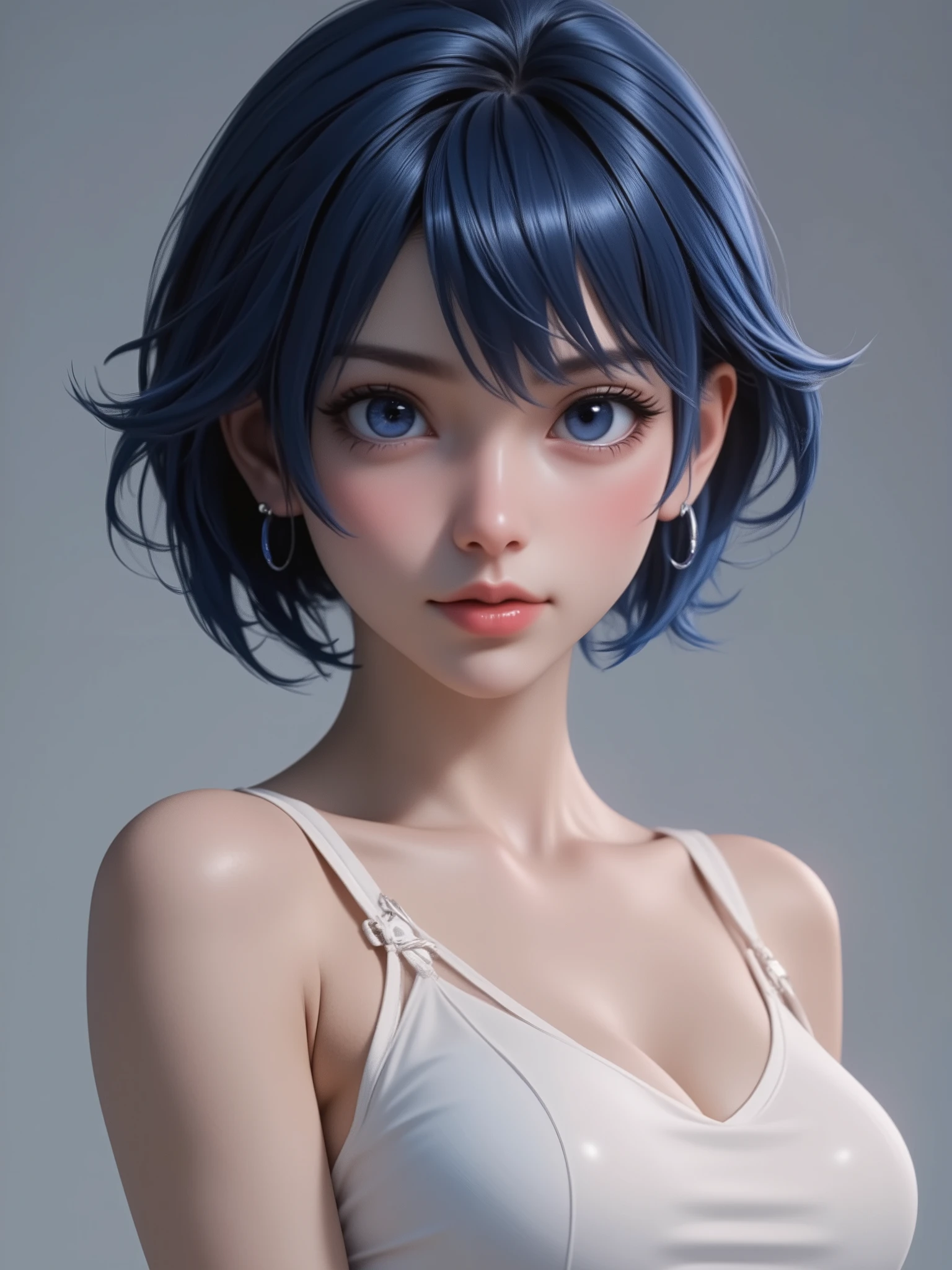 super realism, dark blue hair, short hair, super high resolution, 8k, master piece, sublime, fractal, intricate, high quality CG, Beautiful CG, Soft Light, fashion brand image, Fashionable and casual, The Tyndall effect, lifelike, studio, Side lighting, (HD Skin:1.2), 8K超高清, high quality, Volumetric lighting, confess, photography, 超High resolution, Bokeh, Shallow depth of field, white sportbra, cleavage