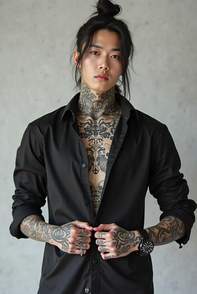 masterpiece, best quality, handsome Asian 30 year old, fair skin male, long dark hair, perfect face, chest abs, full body tattoos, long hair, tattoos
