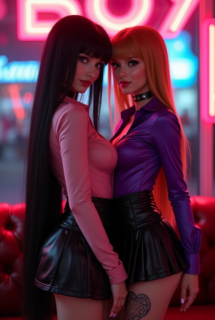 two women dancing and touching each other, uma tem cabelos rosas e olhos verdes, wears dark pants and a leather jacket, a outra tem longos cabelos pretos e olhos brancos, veste um vestido apertado, the two are in a nightclub dancing, elas sao sexys e apaixonadas, the blue and red lights of the dark nightclub are the only thing in the background, sombra de pessoas longe, but the focus is on them and their sensual dance, the one in pink wears pants and a leather jacket.