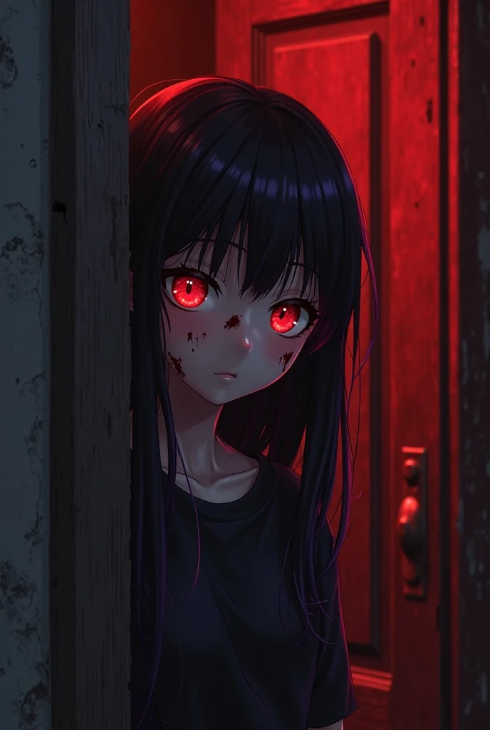 Wearing saree, masterpiece, best quality, looking at viewer, facing viewer, bare legs, 1girl, solo, upper body, bow, serafuku, disgusted face, night time, heavy rain, outdoors, city, crop top, navel, wet clothes, drenched, overly long sleeves, hands in sleeves, blood tears, (blood marks), dark alleyway, blood splattered on the ground, (glowing eyes), depth of field, knife, (knife in hand), creepy face, ((2009 art style)), Satou Matsuzaka, creepy portrait, Happy Sugar Life, 2009 art style, horror, unsettling expression, dark atmosphere, vintage colors, horror anime, horror manga, sinister, eerie, 2009 horror aesthetics, creepy vibe, retro horror, unsettling, distressed art, disturbing artwork, unsettling portrayal, bloodstained, glowing eyes, red eyes