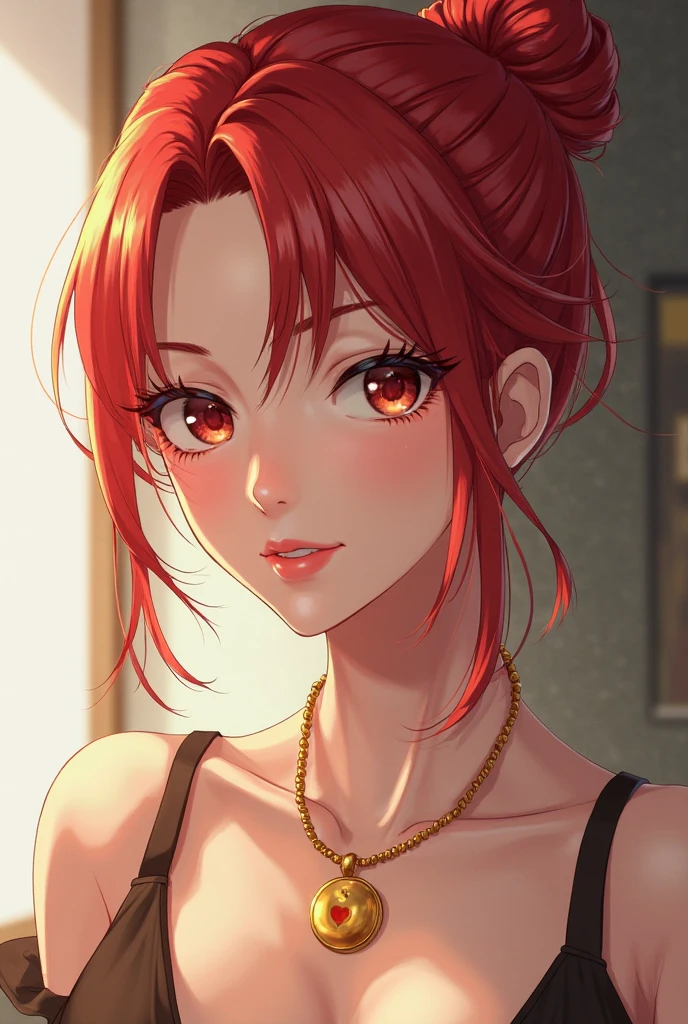 (masterpiece),(best quality:1.0), (Ultra-high resolution:1.0), Detailed description, 8K, Japanese cartoons, 1 Girl, beautiful Japanese cartoons girl, Wearing a red dress, corolla, Pretty Face, Delicate face, beautiful eyes, Delicate eyes, Crimson eyes, Bright red lips, Red lipstick, Beautiful and stylish hair, Hair highlights, bangs Japanese cartoons style, best quality, Energetic