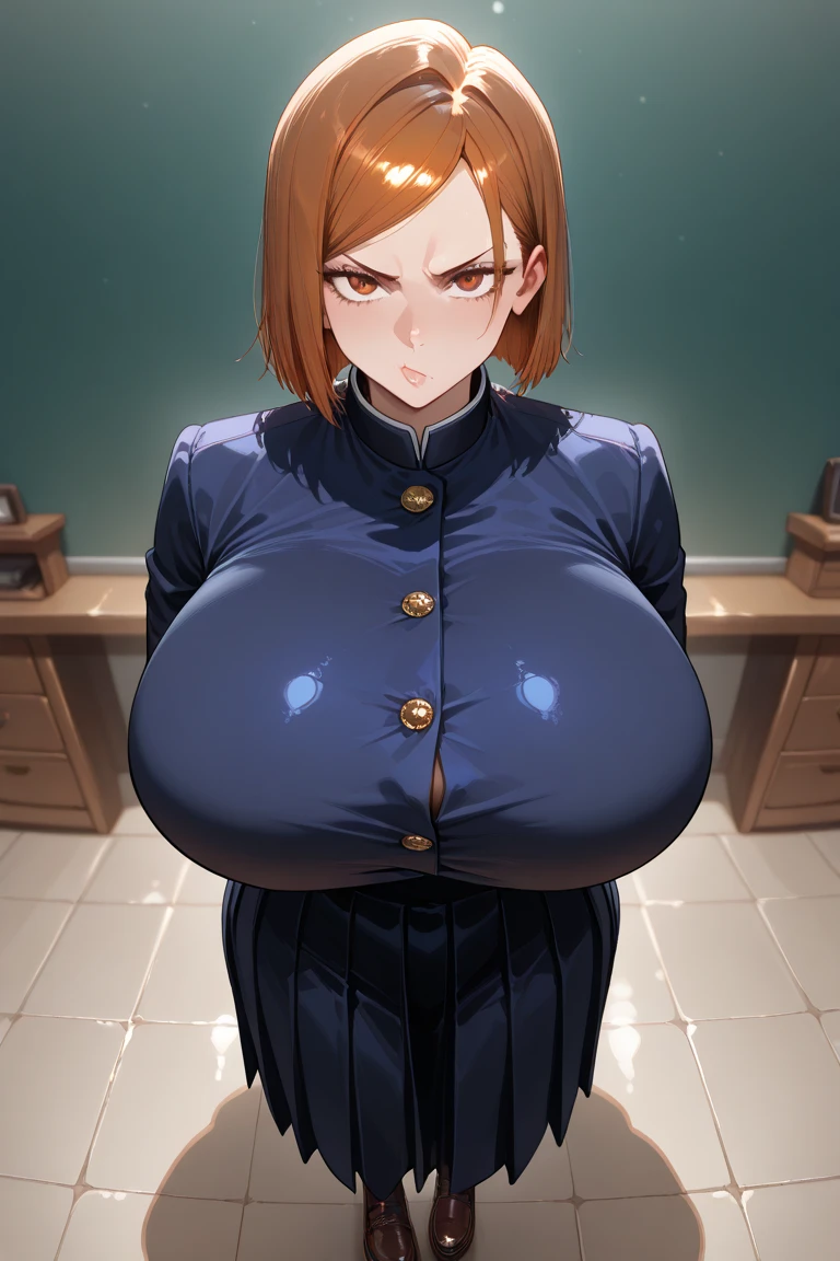 ddlcsayori, ddlcsayori, blue eyes, Hair between the eyes, Hair Bow, hair ornament, pink hair, red bow, Short hair, massive breast, (Huge-breasts:1.4), Blue Skirt BREAK, pleated skirt, school uniform, upskirt, brown jacket, jacket, BREAK looks at the viewer, BREAKTHROUGH in the room, Classroom, BREAK (Masterpiece:1.2), Best Quality, High Resolution, Unity 8k壁纸, (illustartion:0.8), (beautiful detail eyes:1.6), extremely detailed face, perfect lighting, extremely detailed CGI, (perfect arms, perfect anatomy)