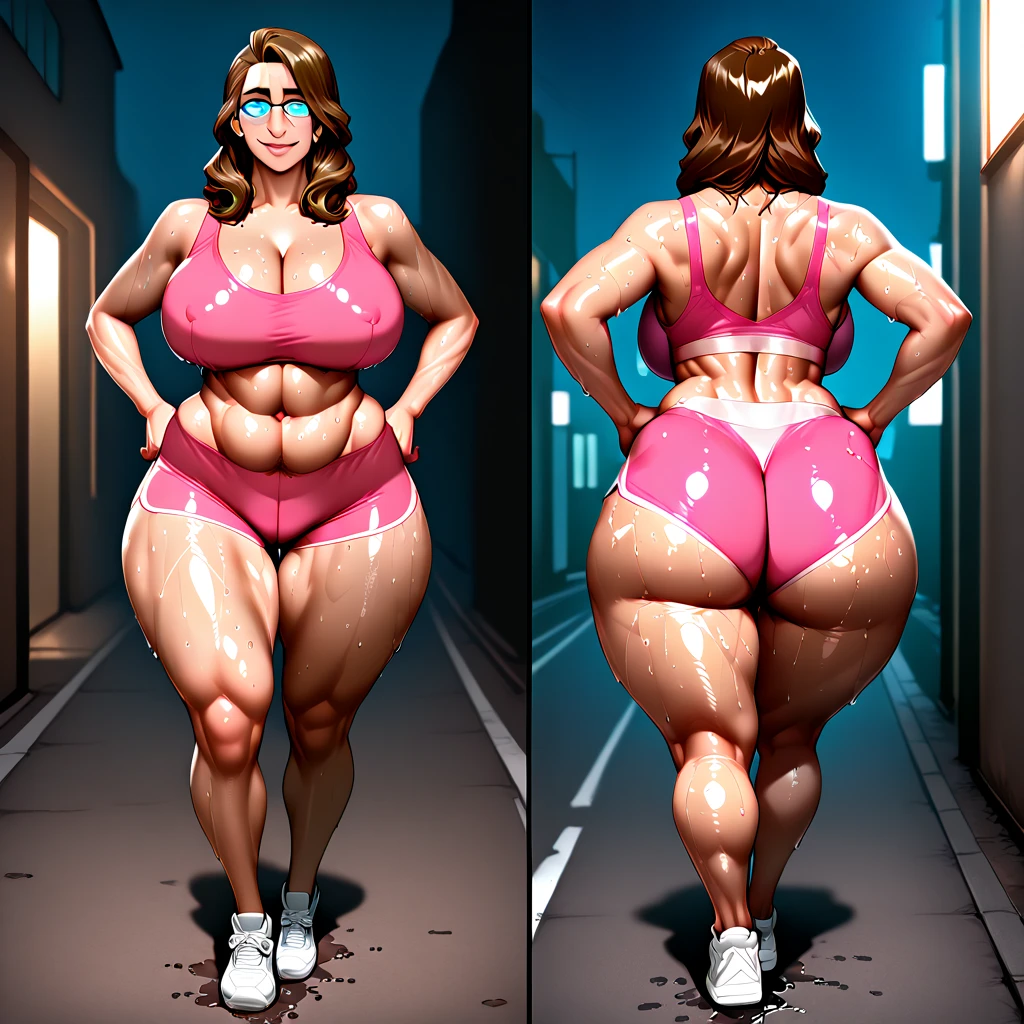 The image of a beautiful 18-year-old girl, tall with short red colored hair and light blue eyes and with freckles on her face, wearing a big green shorts, only bra covering breasts and black colored sneakers, she has a thinner body and huge breasts, huge and exaggerated breasts, she is sweaty and wet, She's walking quietly in the bustling futuristic city during the sunny day.