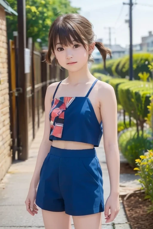 Two 10-year-old, Japanese elementary school girls, 110 cm tall and small titsed, (Flat chest), are walking to school wearing Baby blue micro mini high cut skirt, Baby blue micro mini high cut tank tops, (navel-baring), and carrying randsel, young beautiful girl, Baby Face, face of a very young , (love to show off their panties),