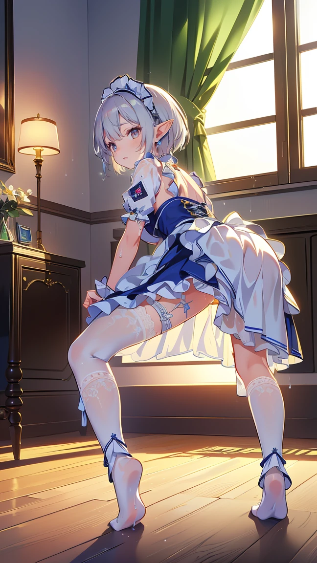 (Masterpiece, Slim Body, Delicate Fingers: 1.2), Best Quality, (Illustration: 1.2), (Hyper Detail), Eye Focus, Ultra Detail, (Fine Detail), (Intricate Detail), HDR, (Ultra Detail: 1.15), (Soft Light: 1.2), 1girl, (table humping:1.5), (crotch rub:1.2), ((nobility lady cloth), (neat outfit:1.5), (costume with blue accents: 1.2), (white shirt) (skirt lift:1.5), white panties,(White hair and blue highlights),cyan eyes, medium, short hair, solo, (medium breasts:1.2), table, lifting,(suggestive fluid:1.2), masterpiece, (blushing:1.3), embarrassed face, (orgasmed face:1.2), best quality, highly detailed