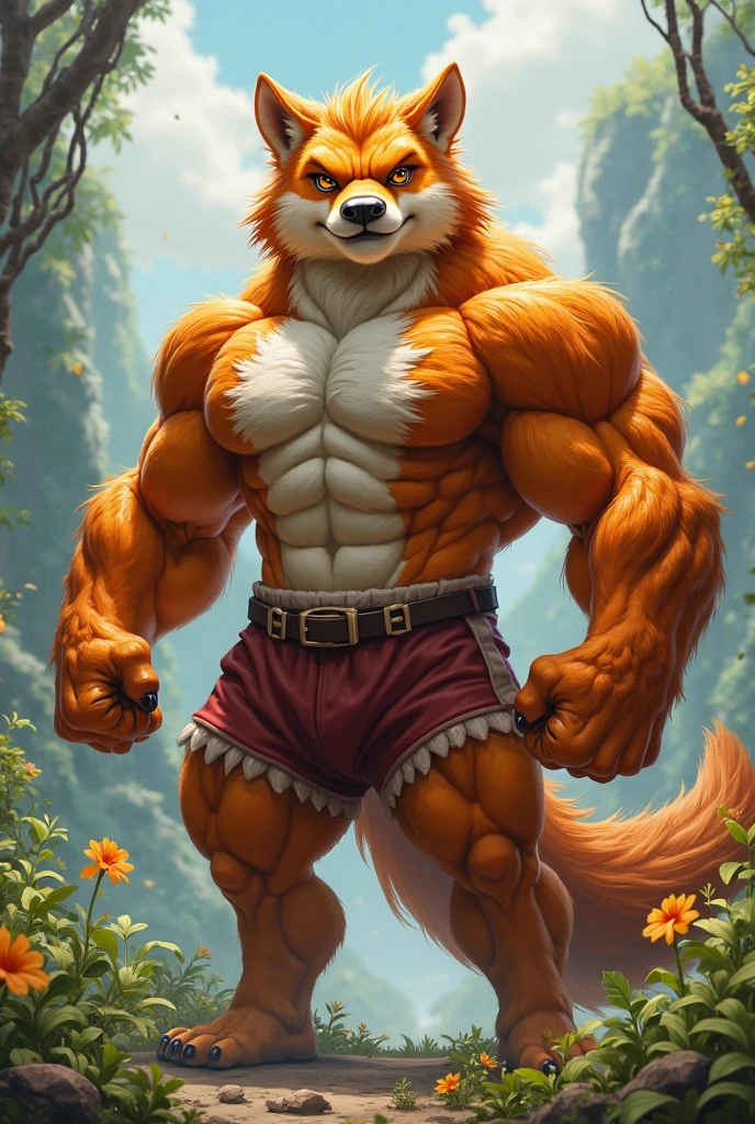 Front view, full height, anthro (tiger), male, feline, (broad shoulders:1.7), (wide torso:1.2), (thick forearms:1.7, big forearms, huge heavy hands), (thick:1.3) feline paws, (thick calves:1:3, brutal, tiger tail, (huge upper body, very muscular, bodybuilder build, ripped, manly, beefy:1.5), abs, bare torso, ((shorts)), huge:1 paws, correct anatomy, tiger tail, (red fur, strips, detailed fur:1.4), smiling, (high quality ultradetailed:1 green eyes), (rough:1, tough, masculine:1, cruel, cocky):1, old man, (flexing both arms):1, sweaty:2.4, (wet fur):1, wet:1.8, sweat:1.6, drenched with sweat, sweatbuds:1.6, sweat:2 dripplets, farm background, ultradetailed, (masterpiece:1.2), epic, natural lighting, (by koreanhusky:1, by Soonsky:1, by Taran Fiddler:0.2)