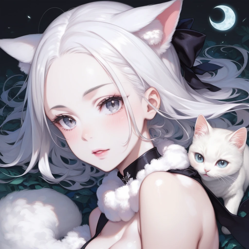 In a quaint village nestled between rolling hills and whispering forests, there lived a cat unlike any other. Her name was Luna, and her fur was as white as freshly fallen snow, adorned with patches of midnight black that shimmered like starlight. But what truly set Luna apart was her captivating gaze – eyes as deep and enchanting as the cosmos itself. realism, instgram, anime, Japan,manga style,