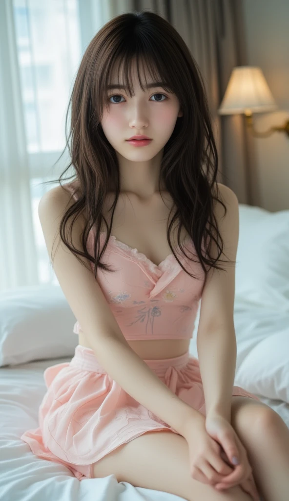 ((of the highest quality, 8K, masutepiece: 1.3, Raw photo)), Sharp Focus: 1.2, (1 AESPA Girl :1.1), Solo, (Realistic, Photorealistic: 1.37), (Face Focus: 1.1), Cute face, hyperdetailed face, short messy hair, Small Smile, slender, nude, (camisole, chiffon skirt: 1.3), (Sitting with one knee up: 1.3), classroom, show panties, flower, dahlia