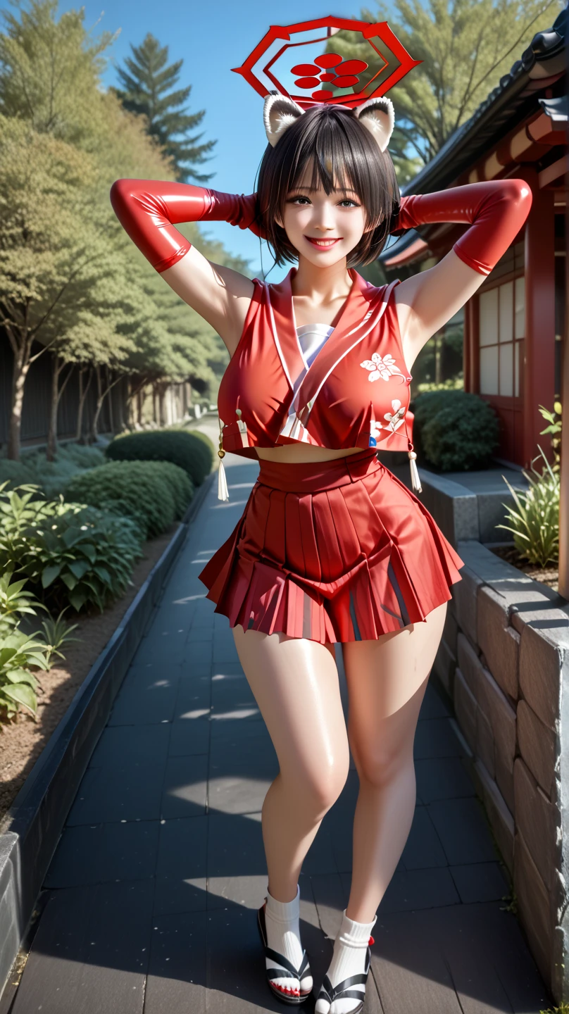 Highest quality，masterpiece，Ultra-high resolution, Very detailed, 8K，a 15 years old beautiful Japanese woman:1.5, Small face, Black hair ponytail, blunt bangs, Breast Augmentation Surgery, (Red Cheerleader Costume:1.5), Match venue、　Detailed very smelly armpits、　Squat down and spread your legs
