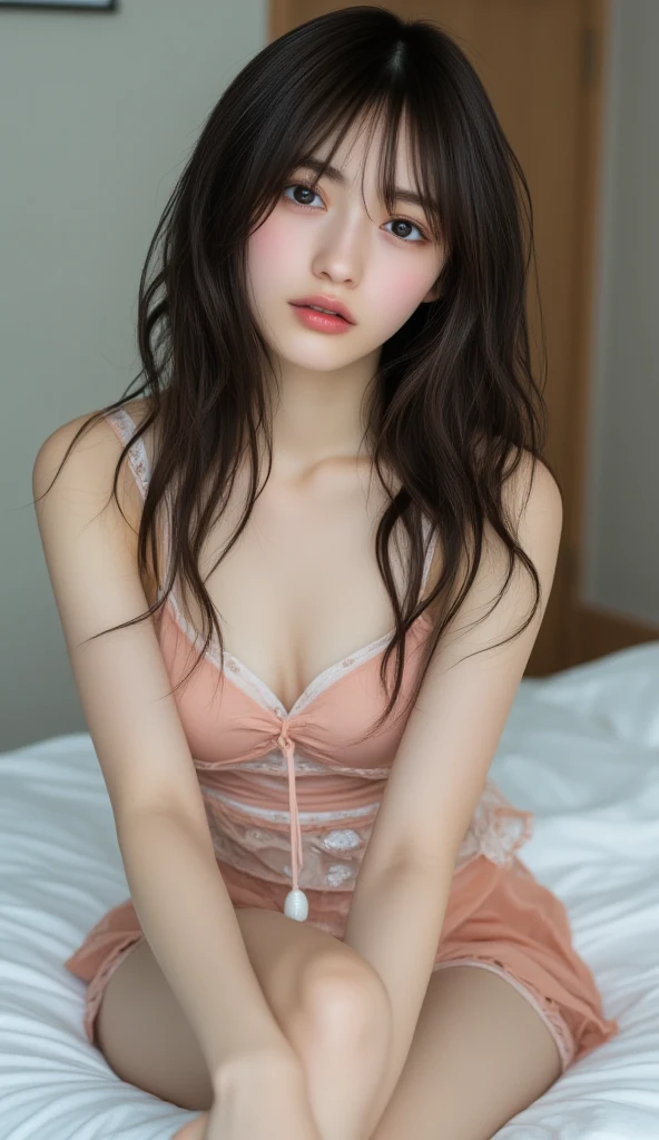 (Masterpiece, BestQuality:1.3), (ultra detailed:1.2), (hyperrealistic:1.3), (RAW photo:1.2),High detail RAW color photo, professional photograph, (Photorealistic:1.4), (realistic:1.4), ,professional lighting, (japanese), beautiful face, (realistic face), cute woman, (Brown Hair, Big Tits:1.5), (cheerful Smile:1.35), Trending Hair&Trending Hairカラーをランダムに, earrings, necklace, bracelet, sexly, erotic sexly, Random sexy gravure poses, (A woman wearing a pink camisole and shorts、Lying face down on the bed, she is removing her shorts。:1.3)