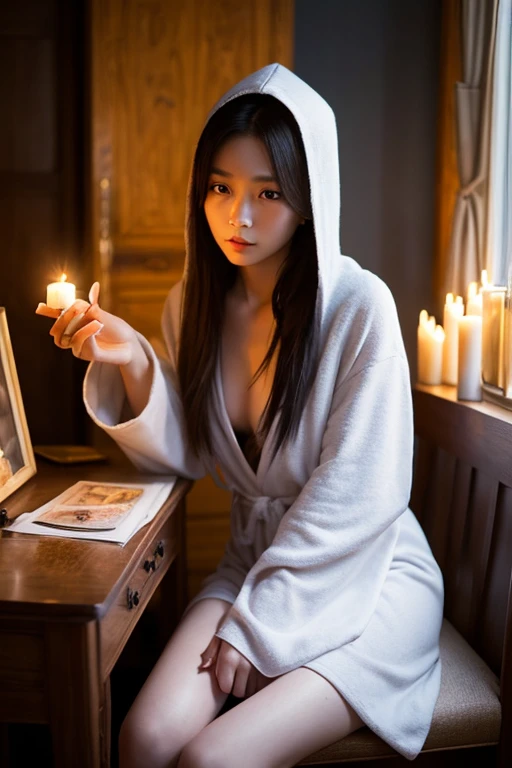 1girl, long hair, straight hair hair, white fleece bathrobe, posing, dusk, candlelit living room, soles towards viewer, green eyes, black hair, solo, happy, large breasts, cleavage