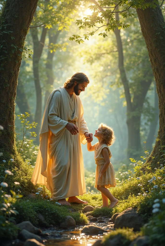 jesus walking holding the hand of a white child with his back turned on the path to light