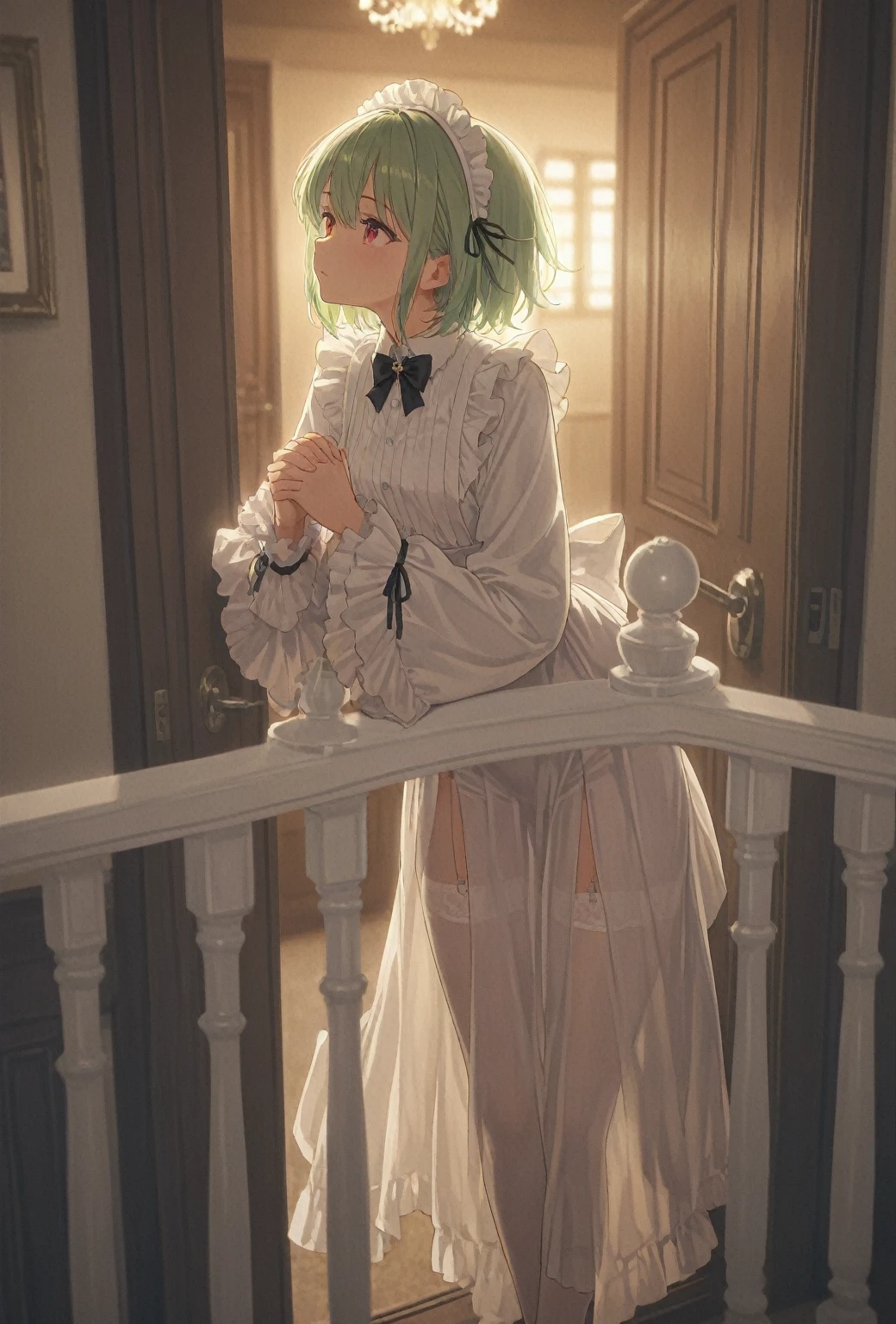 nsfw, masterpiece, 1 girl, erect nipples, intricately detailed, ((topless)), navel, maid skirt, waist apron, bare shoulders, necklace, erect nipples, puffy nipples, extremely detailed, photorealistic, octane render, 8 k, unreal engine, bare breasts, nipples, bare stomach, mansion, queen size bed, grin, small breasts, smiling, collarbone, wet body, platinum blonde, maid, petticoat, white curtain, window, interior, ray of lights, aqua eyes, long hair, uneven bangs, frilled headwear, high socks, lamp, feather duster, dynamic pose, earrings, white eyelashes, child, flat chest, half opened eyes,