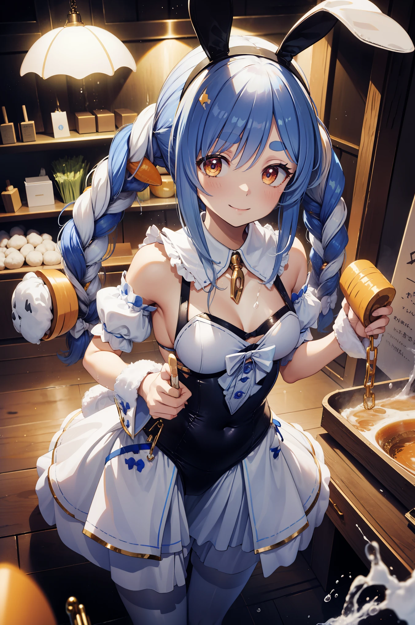 masterpieces, best quality single item, , 1 girl, Ultrafine, illustration, Indoor, Smile, cowboy shooting point of view, gold necklace , White punches , white pantyhose, white wristband, Double chain drops , fake animal ears, With sleeves, costume cut , Rabbit ears, white milk everywhere,Liquid Splash