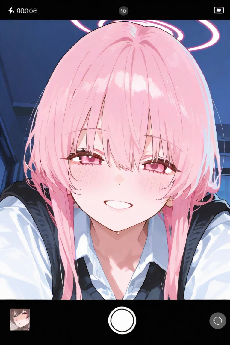 1 girl, solo, slim, short, long pink hair, long hair, pink eyes, pink blouse, long white sleeves, pink pleated skirt, black bowtie, blurry background((grass yard)), looking at viewer((cocky facial expressions, smirking, cum on face))