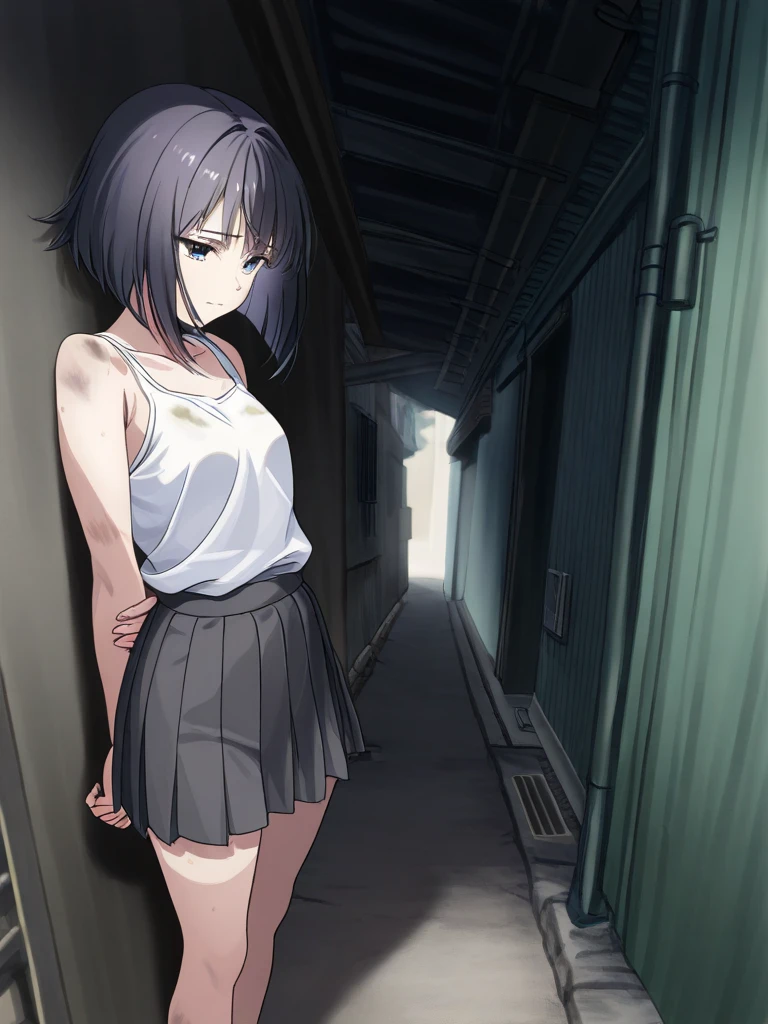 anime girl (long grey hair:1.1) destroy clothes, bad clothes, wounds on the body, medium breast, grey-black hair, cat ear