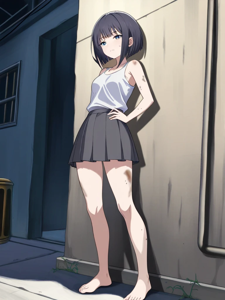 Reze,Reze Chainsaw Man,1girl, solo, short purple hair, green eyes, shy expression, blushing, black choker, white sleeveless tight shirt, black ribbon on collar, black high-waisted short skirt with slit, black thigh-high stockings, standing pose, body slightly leaning forward, hands down, left hand touching skirt, sexy posture, plump thighs, curvy legs, tight thigh-high stockings, soft thigh skin, alleyway background, cityscape, shadowed walls, sunlight from above, anime style, high contrast, detailed linework, soft lighting