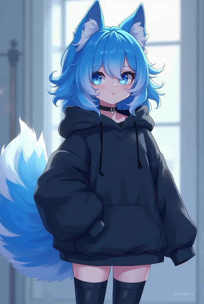 blue fur,fox, hoodie, thigh highs, fox woman,long blue hair,