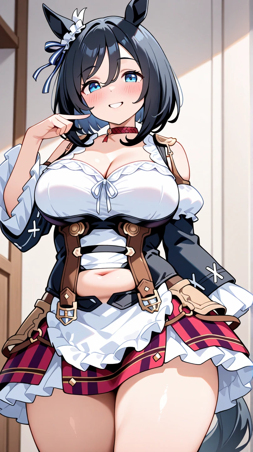 Highest quality,masterpiece, best resolution, nsfw, 1 girl, sailor uniform, topless, huge breasts,pink nipple, belly button,outdoor, blush, standing, horse ears, horse tail