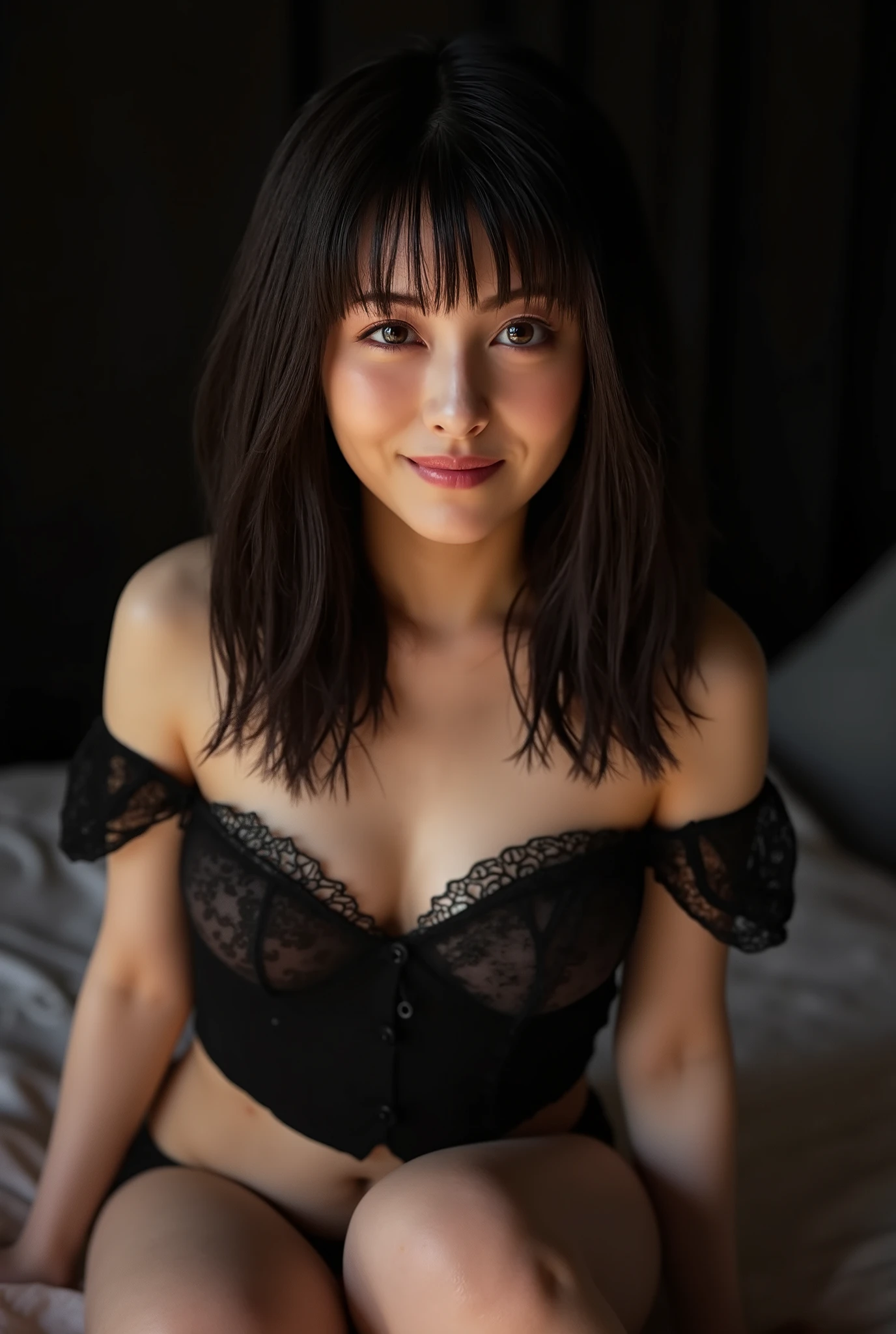 ((Highest quality)), ((8k)), ((masterpiece: 1.3)), (Perfect appearance), (Photorealism: 1.6), (JMA), (Who), (Genuine:1.4), 1 Mature Woman, Perfect Anatomy, 60 years old, Medium Long Hair, BREAK(Red lips),BREAK (Satin lace pajama set, Sexy Hollow Out Long Sleeve V-Neck Sleepwear Robe＆Turtleneck slip dress), (Small breasts, Sagging breasts), Smiling mouth, ((Upper Body: 1.3)), (Chic bedroom: 1.2),