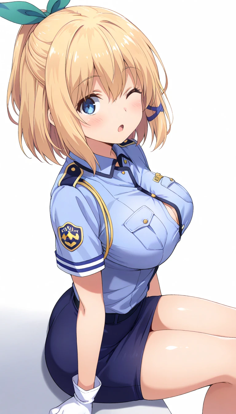 , (Spread your legs)、 (White panties), Female police officer, Blue Uniform、Mini Skirt Police、White shirt, sunny, Mature Woman, Anime Cel Style, Highest quality, High resolution, One Girl, (Large Breasts:1.2), Beautiful Face, Beautiful fingers, Beautiful long legs, Beautiful body, Beautiful Nose, Beautiful character design, blonde, bangs, blue eyes, Show Viewer, Cowboy Shot, blush、Embarrassed look、Nipples are visible、 、
