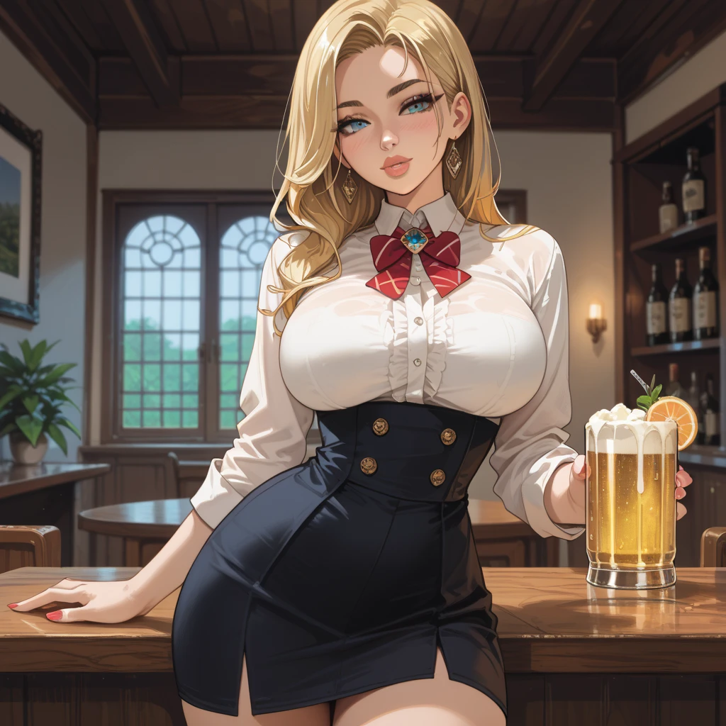 (masterpiece:1.2, highest quality), 1 female, alone, school uniform,blonde,ponytail, red eyes, (black skin),open chest,Big breasts,beautiful hands,beautiful fingers,luxury chair,sit with knees close together,beautiful legs