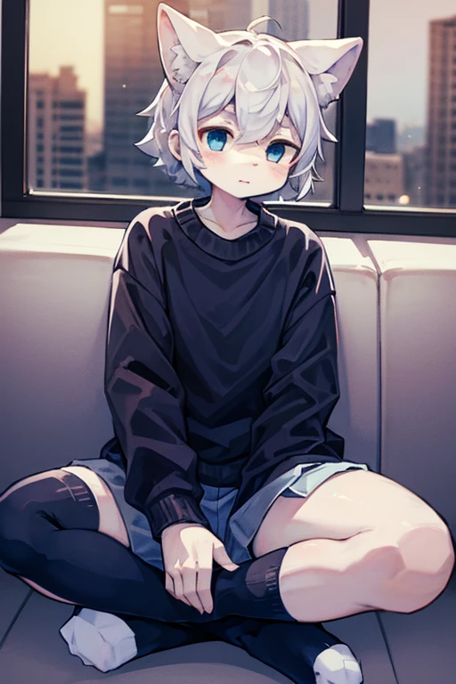 masterpiece, highest quality,Wearing a sweater and short jeans、Anime Boys,,no background, flat chest,Full body illustration, Shortcuts,Sideburns, Full body portrait, anime ,Casual clothing,Lying on the ground,spread legs