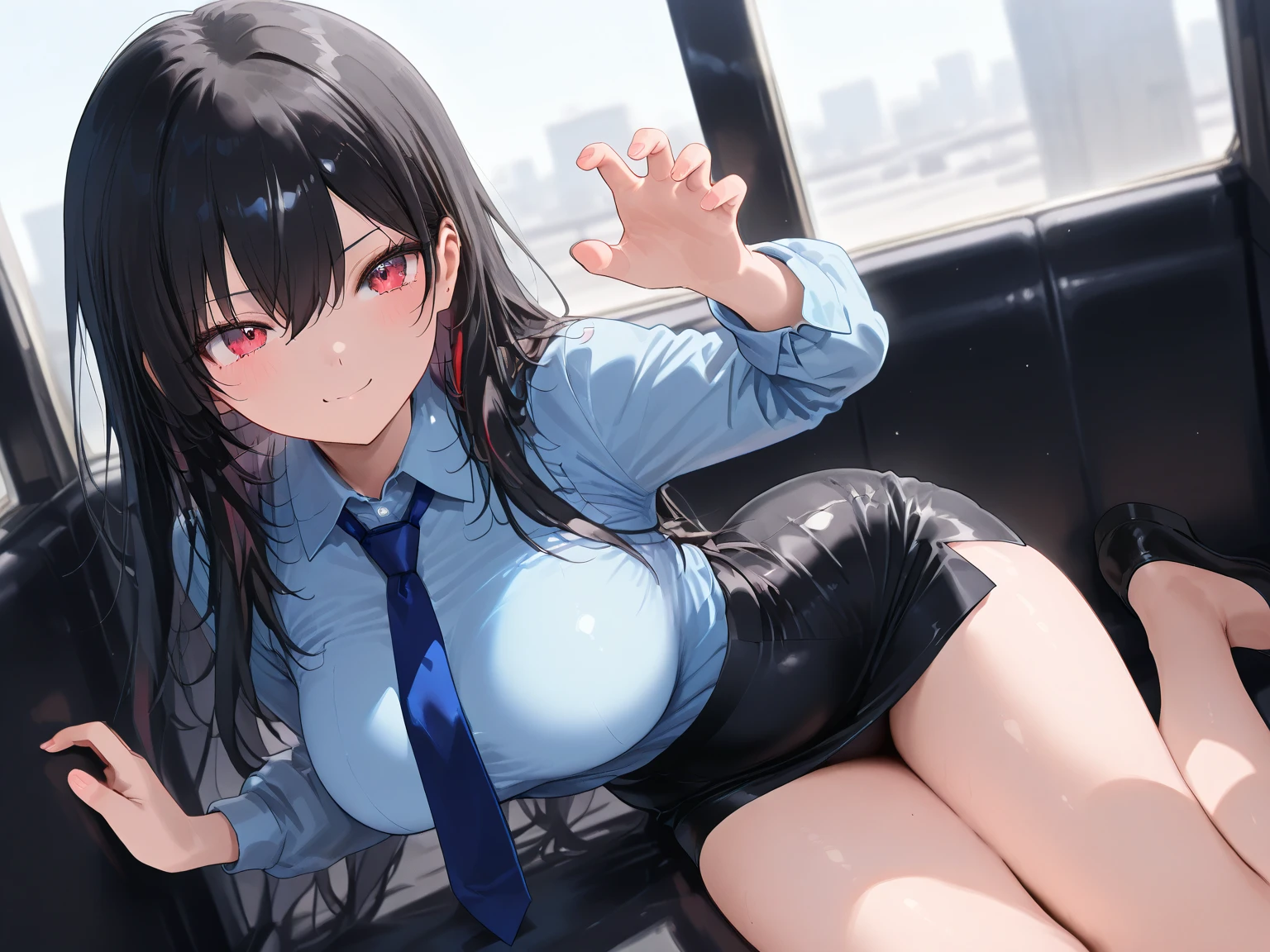 ((masterpiece,best quality)),nsfw,((vaginal penis:1.2)),(1man and 1woman,having sex:1.2),Missionary,1woman solo,cowboy shot,20 year old beauty、black hair,long hair,blunt bangs,black eyes,crying、clenched,ideal ratio body proportions,slender body,medium breasts,gleaming skin,Perfect Anatomy:1.3,arms behind back,sitting,(spread legs:1.5,orgasm),sweat:1.2,orgasm,wet crotch,(black blazer jacket、white shirt、open clothes,nipples,black tie、black tight skirt、mini skirt、vagina,wet crotch、thigh_gap, black_thighhighs),train、In the vehicle、black leather seats、congestion、Tokyo、