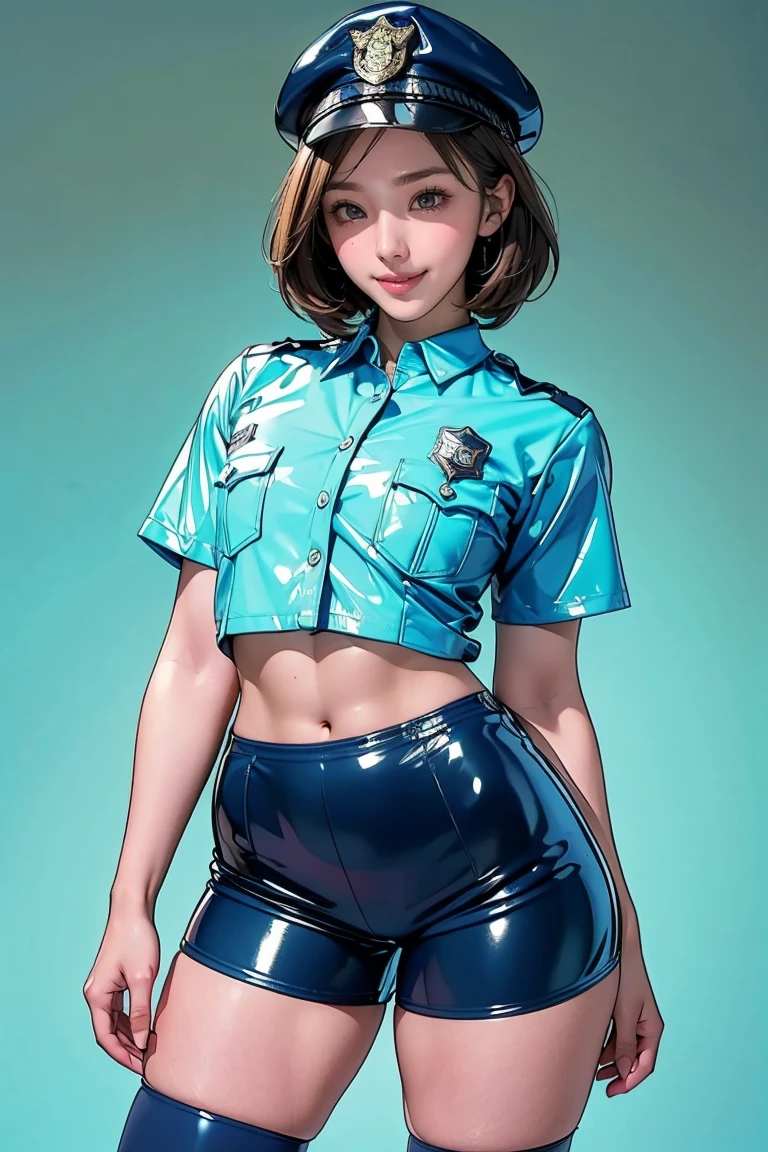 Blue blank background, (1girl:1.3), Photo from the waist up, Anatomically correct, Accurate Anatomy, Brown Hair, Wavy short hair, (Fitted clothing, Camel Knob, A light blue fitted shirt made of latex, Navy blue latex shorts, Police style:1.3), Smiling with some teeth showing, (Thick thighs:1.2), (Small Tits:1.3), (Six Pack Abs:1.3)