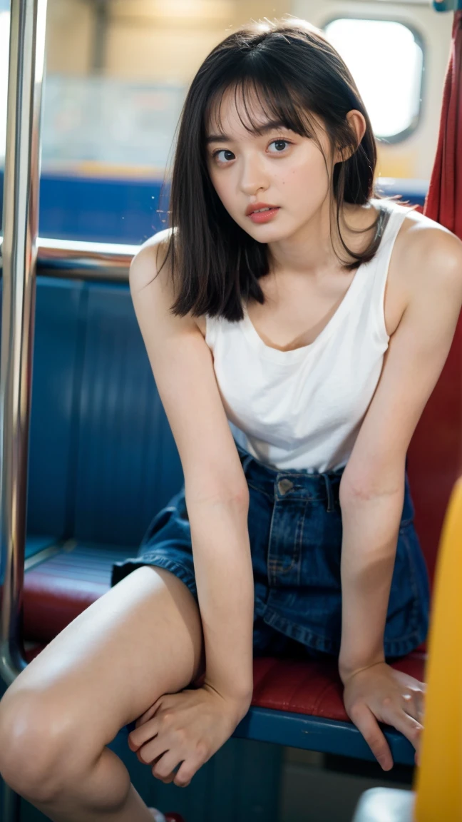 raw photo, side view, inside train, sitting, pale skin, delicate face, short hair, freckles, skinny body, sando, gym shorts, crossed legs, best quality, 16k, masterpiece