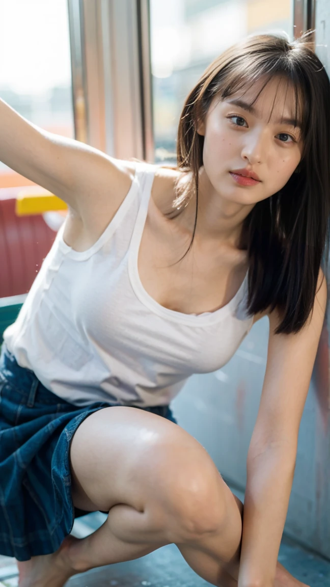 Ultra-high quality photos，A high resolution，16K，1 very beautiful female high school student，Wear a white button-down sheer shirt and low-rise jeans（Super detailed costumes:1.5），Play with the ball on the grass of the football field，（On the grass:1.02），Super high value，perfect body figure，Beautiful short ponytail，Delicate hair，Fair face and skin，Beads of sweat on the forehead，Have fun on the playground，（（（The chest is huge））），Breasts are full and straight:1.5，（The clothes on the chest are high and bulging, Tightness and bulging:1.5），Delicate fair and soft toes，White and delicate fingers，（Delicate sneakers:1.5），Focus on the chest，fully body photo:1.8